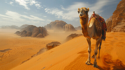 The scene captures a sandy, hot desert dune where a camel takes measured steps against an African landscape. Made with generative ai
