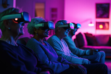 Senior Adults Enjoying Virtual Reality Experience in the Evening