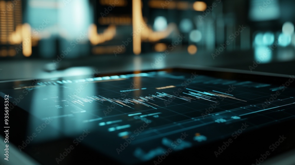 Poster High-resolution close-up of a financial graph with clear indicators and labels, set in a sleek office environment with minimal distractions