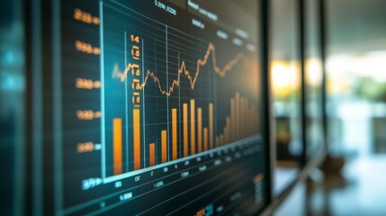 High-resolution close-up of a financial graph with clear indicators and labels, set in a sleek office environment with minimal distractions
