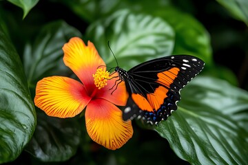 Obraz premium A close-up of the flora on a paradise island, featuring exotic flowers, lush greenery, and a butterfly resting on a vibrant bloom