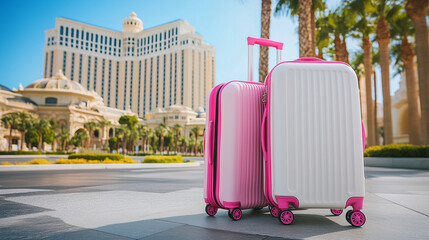 Las Vegas girls trip bachelorette getaway pink and white luggage travel bags city adventure urban vacation holiday celebration fun trendy destination resort palm trees luxury banner ad campaign 