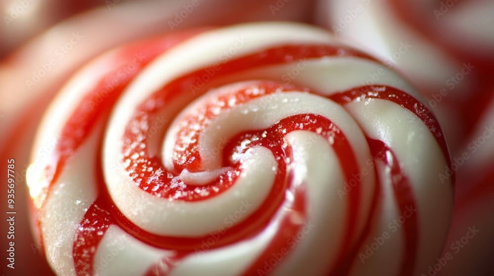 Poster macro shot of a colorful candy cane, highlighting its spiral patterns and vivid red and white stripe