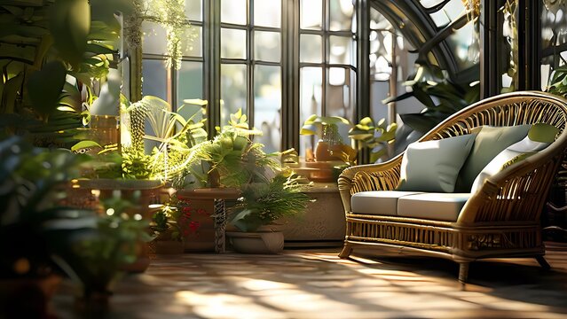 A lounge with many plants and greenery and a  sven grass green sofa