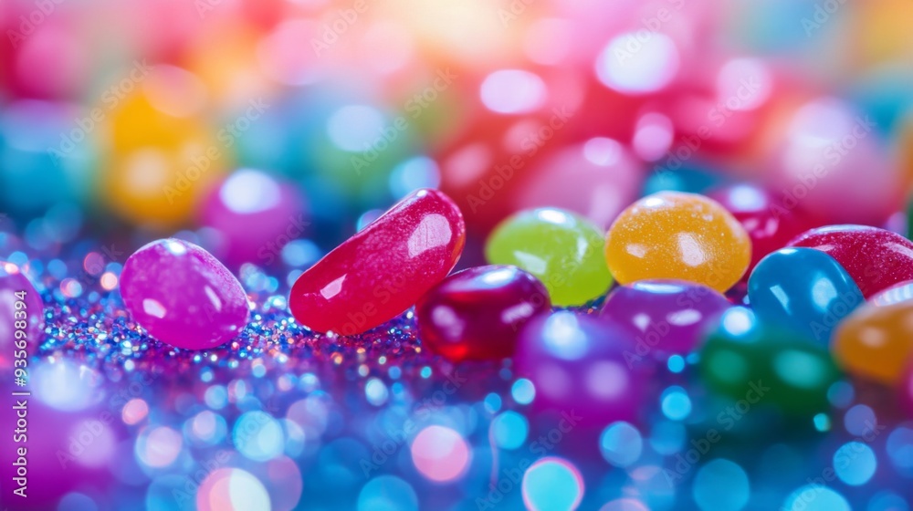 Poster macro view of a variety of small, brightly colored candy pieces scattered on a surface, highlighting