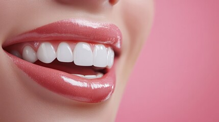 Close-up of a woman's smile showing perfect white teeth with pink glossy lips.