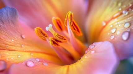 Fototapeta premium Macro shot of delicate petals and stamens of a blooming flower, highlighting the fine textures and vivid hues