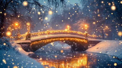 Fototapeta premium 97. A picturesque winter holiday scene with a snow-covered bridge and twinkling lights