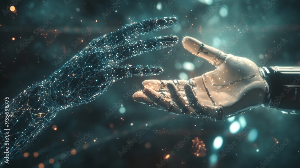 Poster metaverse technology, hand of robot and human connected on network metaverse, technological transiti