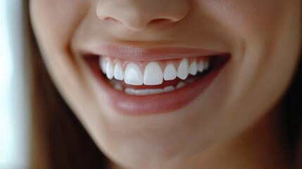 Close up of a woman's smile with perfect white teeth.