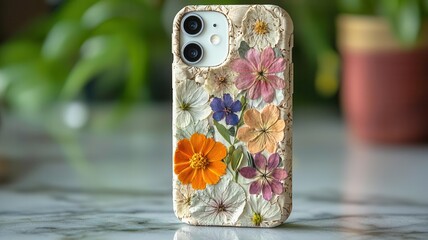 Obraz premium Biodegradable phone case with pressed flowers, on marble surface