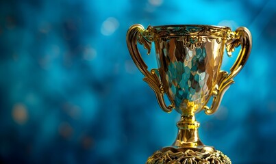 gold winner cup on blue background. 