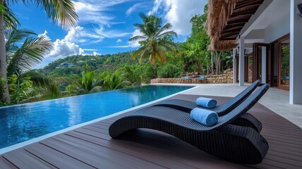 Fototapeta premium Recycled plastic outdoor lounger, poolside with tropical backdrop