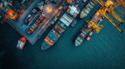 Obraz premium Aerial view of busy shipping port with cargo ships and cranes, showcasing vibrant colors and organized chaos. scene conveys sense of industry and activity. 