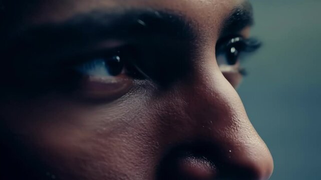 Determined young black athlete focuses intensely on training, showcasing strength and willpower in a close up portrait