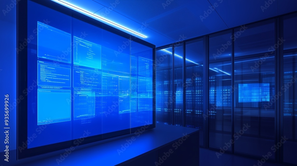 Poster high-tech server room with multiple blue screens displaying code and data analytics at night