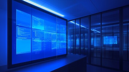 High-tech server room with multiple blue screens displaying code and data analytics at night