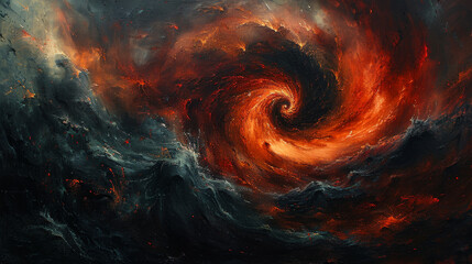 Swirling canvas of deep blacks and charcoals with vibrant red and orange hues like flickering embers