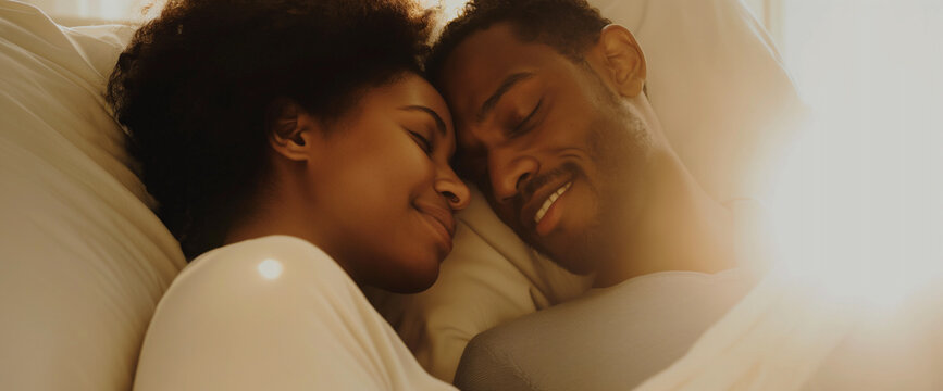 Black couple in love sleeping together in bed, happy intimate moment