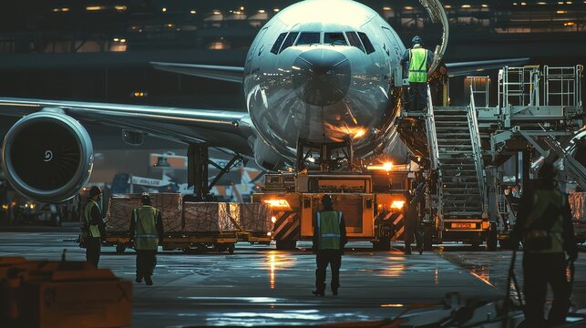 Loading cargo at an airport during nighttime, with workers in reflective vests and an airplane in background. scene conveys sense of urgency and teamwork. 