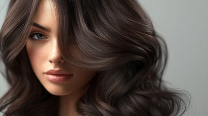 Fototapeta premium A young woman gazes softly with lovely, wavy dark hair partially covering her face, exuding confidence and elegance.