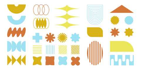 Abstract retro shapes, frames and symbols, basic brutal forms and figures in Y2K aesthetics, vintage stickers, logos, labels. Decorative design elements, vector illustration.