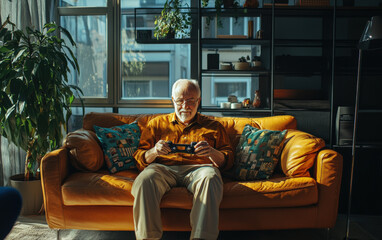 Obraz premium Elderly Man Relaxing on Couch with Game Controller