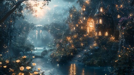 Naklejka premium A magical cottage nestled in a forest, illuminated by fireflies, with a waterfall in the background.