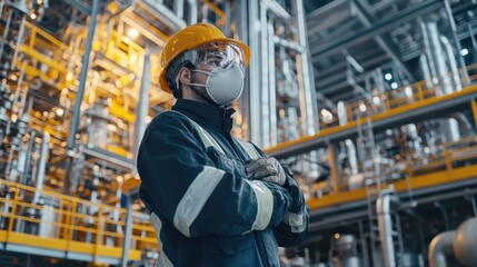 A worker in safety helmet and mask stands confidently in an industrial setting, showcasing determination and focus. 