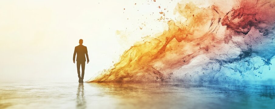 A solitary figure walks towards a colorful, abstract background.