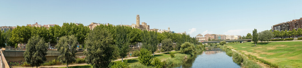 Panoramic view, Lleida city with La Seu Vella on background, Cataluña (Spain)