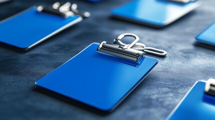 Blue clipboards on a dark background, ready for notes and information.