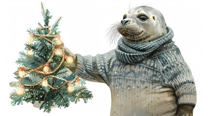 Vintage watercolor illustration of a Monk seal wearing a sweater and holding a Christmas tree adorned with glowing garlands, isolated on a white background