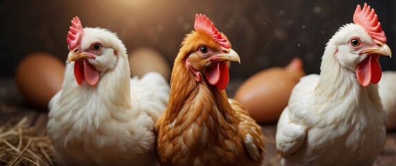 Three Chickens and Eggs in a Nest