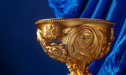 gold winner cup on blue background. 