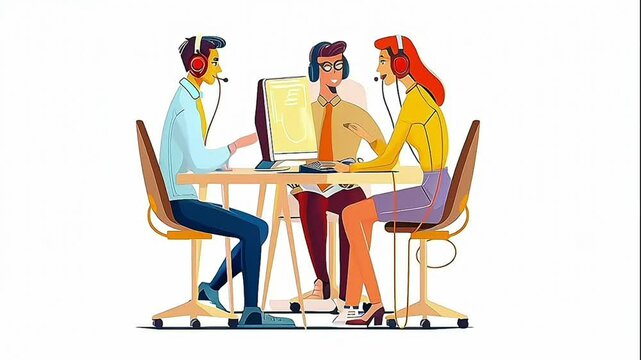 Three people wearing headphones sitting in front of a computer screen around a desk, talking to their microphone as if at a call center office. Seamless animated cartoon video loop.
