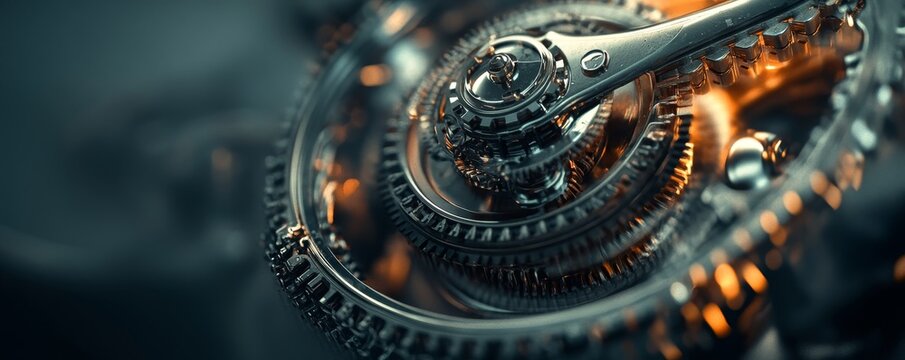 Closeup of intricate metal gears and cogs with fire.