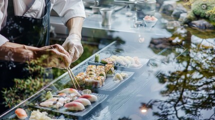 A skilled chef prepares beautiful sushi dishes with precision, showcasing vibrant colors and fresh ingredients in a serene setting.