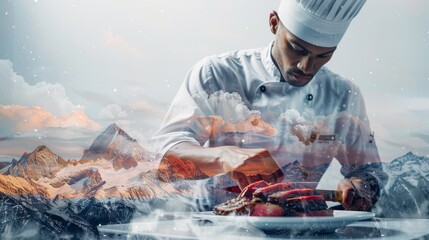 A skilled chef prepares a gourmet dish, showcasing culinary artistry amidst a scenic mountain backdrop.
