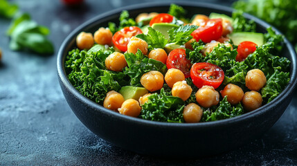 ale salad topped with crispy fried chickpeas and creamy avocado, presented on a clean white plate. Ideal for showcasing healthy eating, nutrition, and plant-based cuisine