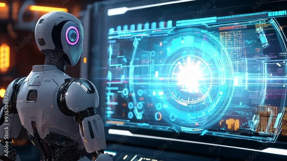 Poster a humanoid robot engages with a vibrant digital screen filled with glowing data and graphical interf