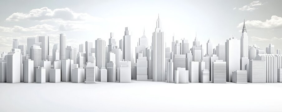 Minimalist grayscale city skyline with clouds.