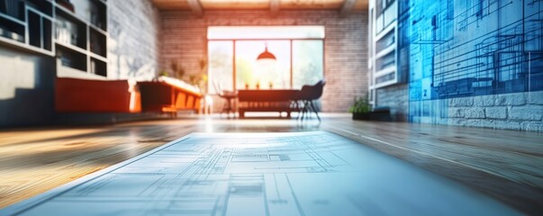 Fototapeta premium Modern loft interior with large windows, wooden floor, and furniture.