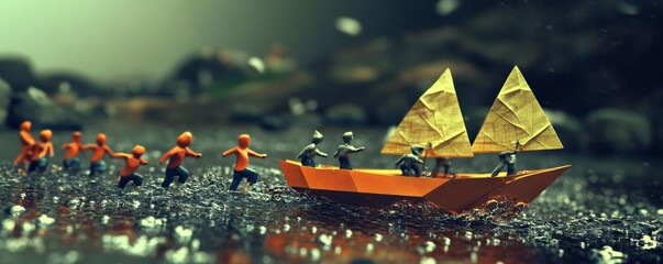 Tiny figures walk past a miniature sailboat with golden sails.