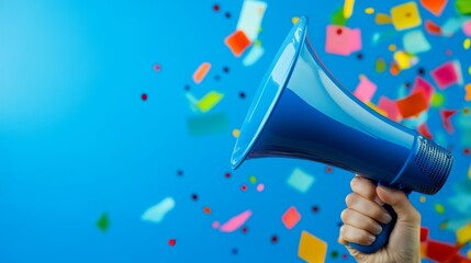 A blue megaphone with confetti falling around it against a blue background.