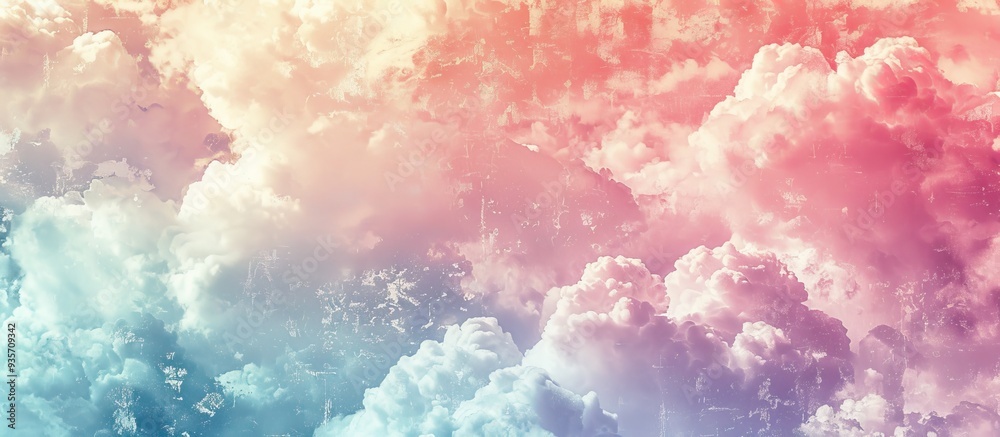 Poster fantasy cloudy sky featuring a pastel gradient and grunge texture abstract nature background. copy s