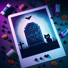 86 Photogram Pixel Art A pixelated black cat sits atop a photogr