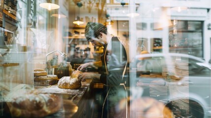 A focused baker creating fresh bread in a cozy cafe, highlighting the artisan process and warm ambiance of the bakery.