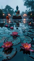 Fototapeta premium Serene lotus flowers bloom on a rainy evening near a tranquil Buddha statue in a garden