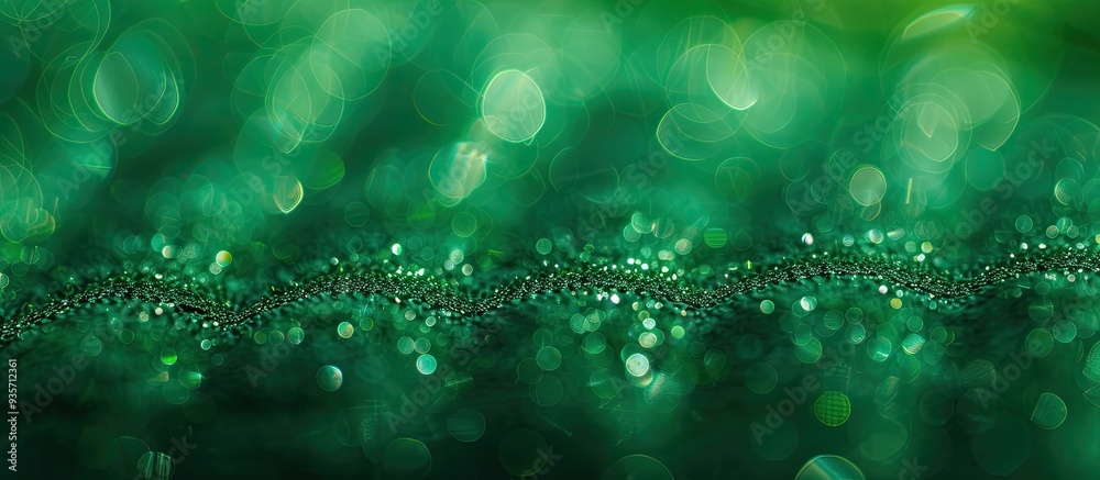 Poster close up of textured green paper featuring a line of christmas green bokeh macro. copy space image. 